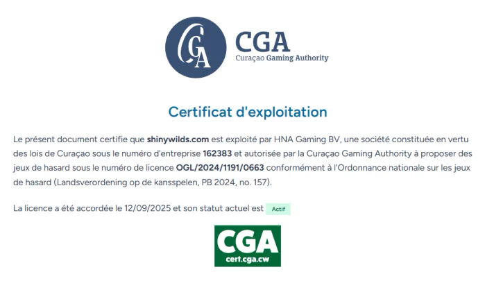 ShinyWildz casino Curaçao Gaming Authority licence certificate showing active licence